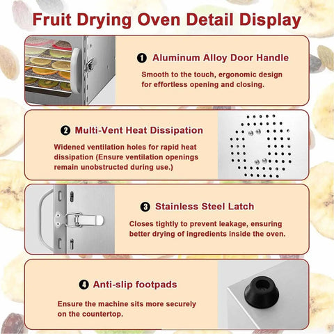 Built Tough Eight Tray Food Dehydrator Large Capacity Machine With Stainless Steel Racks features aluminum alloy door handle and anti-slip footpads.