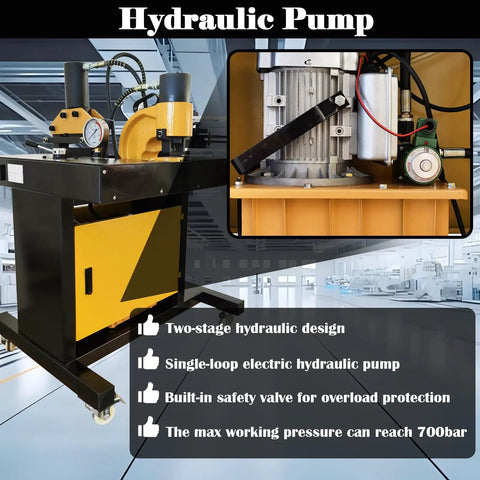 Techtongda 4 In 1 Hydraulic Busbar Bender And Cutter Machine Shearing Punching Electric Processor For Copper Aluminum Heavy Duty Tool Vertical Flat Bending 110V 1HP Power with a two-stage hydraulic pump.