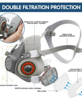 All In One Reusable Half Face Respirator Mask With Filters And Safety Goggles, elastic strap and cotton filters for protection