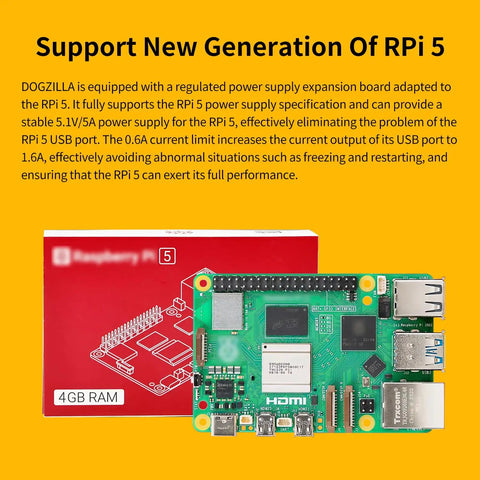 Badass AI Powered Bionic Robot Dog With Raspberry Pi 5 And 12 Joints For Python Coding Enthusiasts Featuring OpenCV Face Color Tracking And Hella Impressive Embedded Intelligence Tech. Image of Raspberry Pi 5 board, showing USB ports and HDMI, with power supply design.