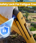 Close-up of Cordless Garden Tiller Cultivator Tool Only With 250 RPM Brushless Motor showing safety lock feature in garden setting.
