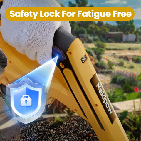 Close-up of Cordless Garden Tiller Cultivator Tool Only With 250 RPM Brushless Motor showing safety lock feature in garden setting.