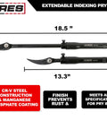Extendable Pry Bar With 13.3 To 18.5 Inch Reach 14 Position Adjustable Angled Head For Maximum Leverage 180 Degree Indexable Head Chrome Vanadium Steel Heavy Duty Locking Pry Bar with measurements
