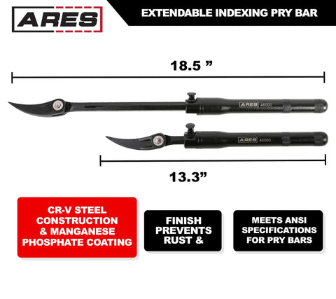 Extendable Pry Bar With 13.3 To 18.5 Inch Reach 14 Position Adjustable Angled Head For Maximum Leverage 180 Degree Indexable Head Chrome Vanadium Steel Heavy Duty Locking Pry Bar with measurements