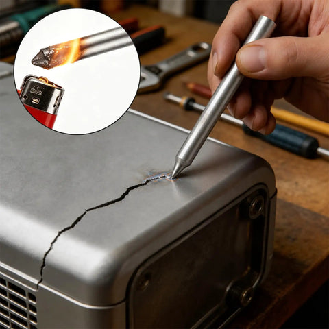 Low Temperature Flux Core Welding Rods Kit, Melt With Just a Lighter, Not a Torch, fixing a metal crack with a lighter flame