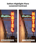 Comparison of neon hotel signs with 49mm Black Diffusion 1/4 Filter for cinematic mist, dreamy highlights, and lowered contrast.