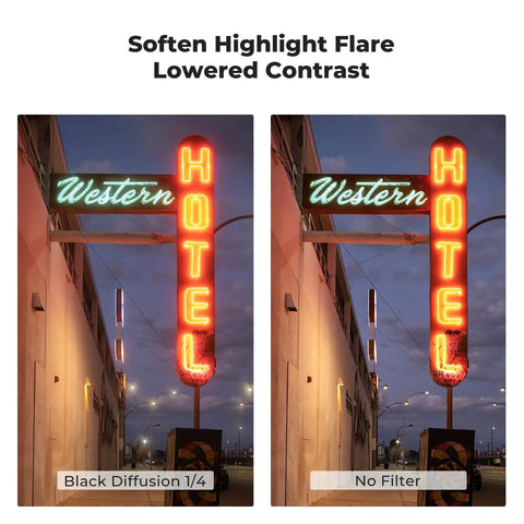 Comparison of neon hotel signs with 49mm Black Diffusion 1/4 Filter for cinematic mist, dreamy highlights, and lowered contrast.