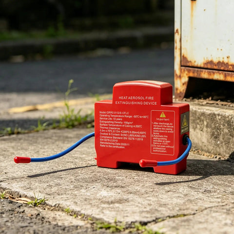 Heat Trip Automatic Fire Suppressor For Truck Engine Compartment Featuring Slick Snap On Install And Heavy Duty 360 Degree Coverage on pavement.
