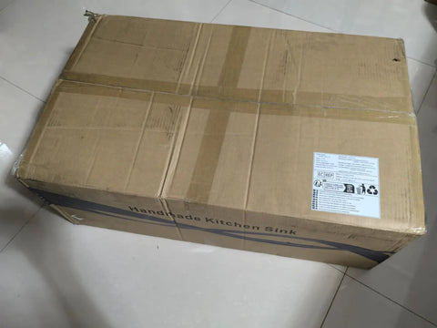 Cardboard box containing Stainless Steel 304 Kitchen Sink with Removable Faucet 75x46x22cm Double Design.
