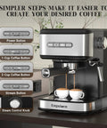 Top Shelf 20 Bar Espresso Machine With Integrated Milk Frother And Steam Wand Heavy Duty 1100 Watt Stainless Steel Coffee Maker showing buttons and steam control.