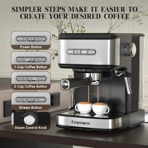 Top Shelf 20 Bar Espresso Machine With Integrated Milk Frother And Steam Wand Heavy Duty 1100 Watt Stainless Steel Coffee Maker showing buttons and steam control.