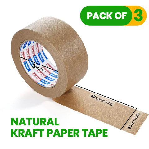 Heavy Duty Kraft Paper Packing Tape For Moving And Shipping, Eco Friendly Biodegradable, Writable Uncoated Brown Tape, 2 Inch By 43 Yards, 3 Rolls