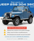 Blue Jeep with notes on carburetor compatibility and installation requirements for Jeep 258, 304, 360 engines