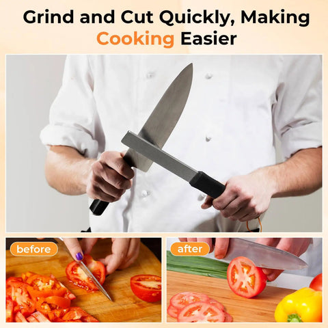 Man sharpening kitchen knife with Diamond Sharpening Stone With Dual Grit 325 1200 Handheld Knife Sharpener With Angle Guide