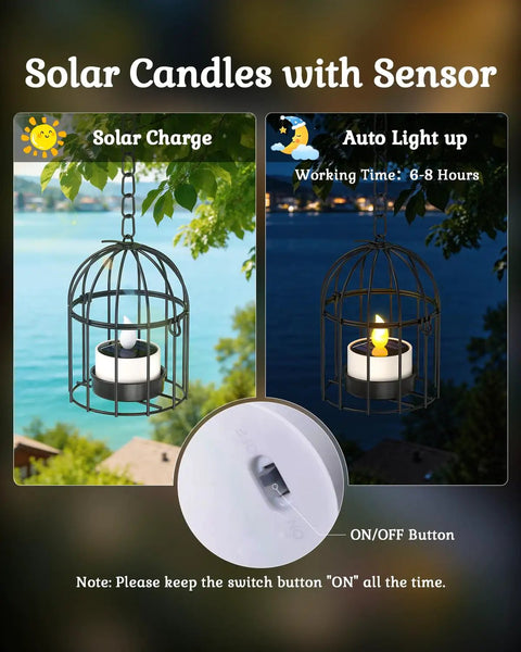 Solar Powered Tea Lights Six Pack Flameless LED Candles With IP65 Waterproof Dusk To Dawn Sensor hanging in lantern
