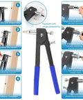 Instructional guide for 430 Pcs Rivet Nut Tool Kit M3 M4 M5 M6 M8 Alloy Steel Rivnut Set. Features black and blue handles.