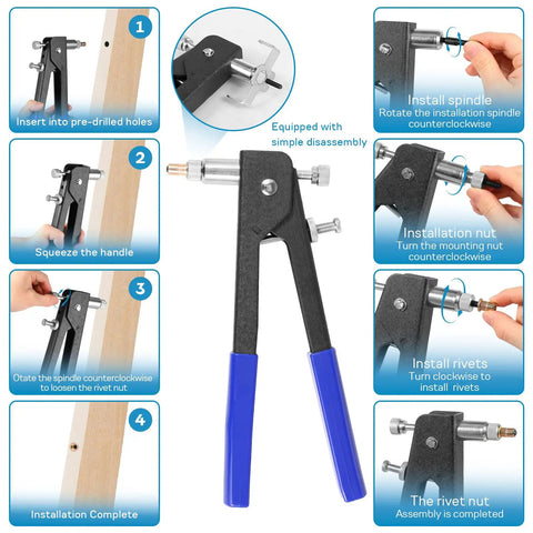 Instructional guide for 430 Pcs Rivet Nut Tool Kit M3 M4 M5 M6 M8 Alloy Steel Rivnut Set. Features black and blue handles.