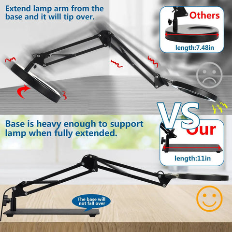Comparison of 12x Magnifying Glass With Light And Stand, highlighting 11-inch sturdy base vs 7.48-inch weak base, demonstrating stability.