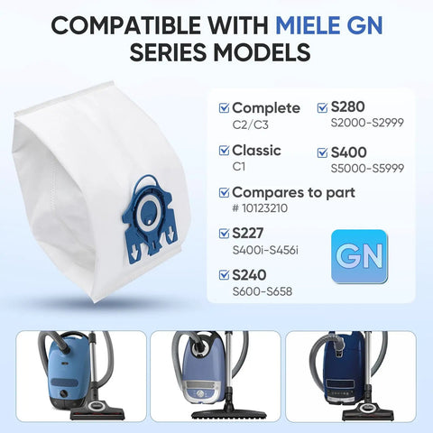 No Fuss Replacement Vacuum Cleaner Bags And Filter Set For Miele Canister Vacuums Classic C1 Complete C2 Complete C3 S227 And S240 S270 S400 S2 S5 S8 6 Pack Dust Bags Plus 2 Set Filters For Home Or Office Use with compatibility chart