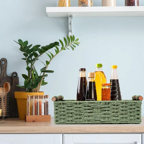 Handmade Paper Rope Storage Basket With Handle Green Wicker Bin For Countertop Or Toilet Tank Top Paper Storage Space Saver