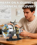 Man assembling Jet Engine Kit With Motor And LED Light Turbofan Engine Building Set 564 Pieces on table.