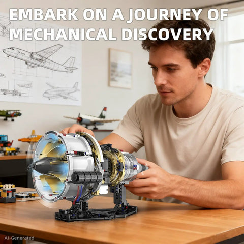 Man assembling Jet Engine Kit With Motor And LED Light Turbofan Engine Building Set 564 Pieces on table.