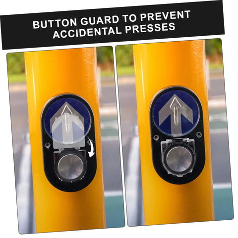 Round Button Protector Covers For Power Switch Guards Dope Safe Dustproof Shields For Home Office Washing Machines And Industrial Control Panels 4 Pack installed on a yellow pole.