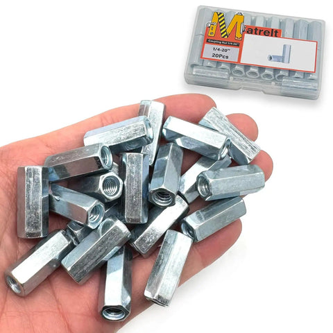 Twenty Pack One Quarter Inch Twenty Thread Hex Coupling Nuts Zinc Plated Heavy Duty Extended Hexagon Rod Connectors for All Threaded Rods