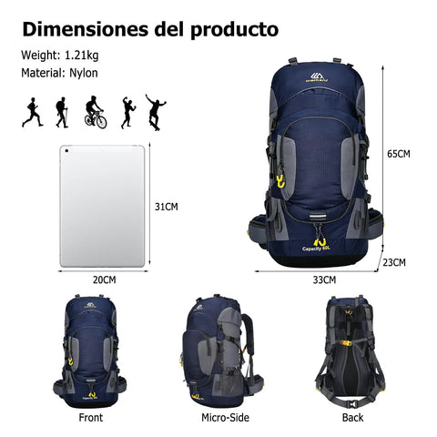 60L Waterproof Hiking Backpack With Rain Cover Heavy Duty Nylon Daypack Rucksack For Camping And Travel Reflective Straps
