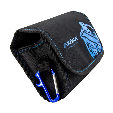 Padded Mask Bag For Scuba And Snorkel Masks With Easy Velcro Closure Large Opening And Carabiner Clip To Attach To Backpacks Or Gear Bags Keeps Your Gear Safe Dry And Ready For The Next Dive, black with blue accents, side view