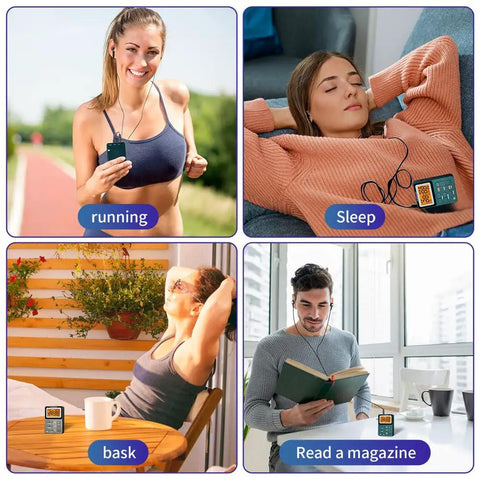 Collage of people using Rechargeable Pocket Radio With AM FM Tuner And Dope Reception Digital Tuning, MP3 Playback, Stereo Earphones.