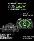 56V ARC Lithium battery and charger for cordless leaf blower Up to 90 minutes runtime with 765 CFM turbo boost delivery
