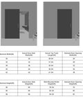 Diagram of Concealed Sliding Barn Door 36 By 84 Inches Shaker Style with size chart and installed view