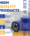 Engine Oil Filter Replaces OEM PF66 PF66F 12727115 55495105 Six Pack with filter close-up and Chevy Silverado in background