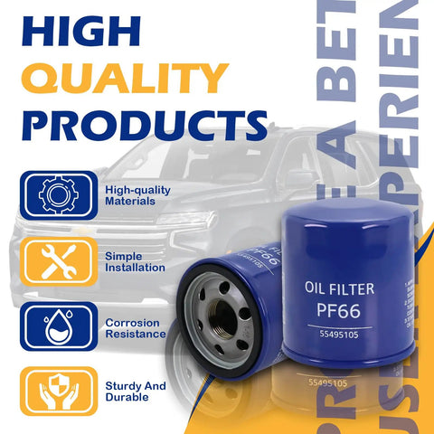 Engine Oil Filter Replaces OEM PF66 PF66F 12727115 55495105 Six Pack with filter close-up and Chevy Silverado in background