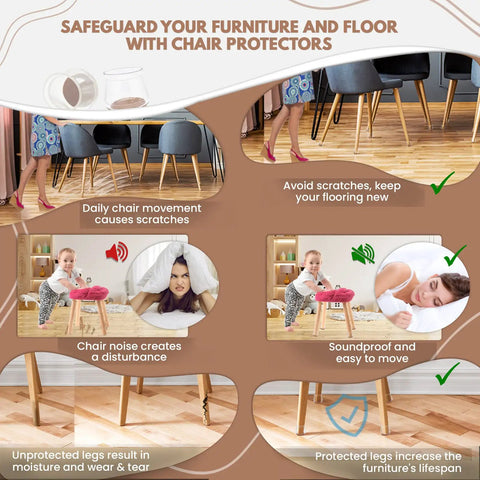 Diagram showing benefits of 32 Pack Chair Leg Protectors With Felt Pads For Wood Floors, TPU Floor Protectors That Prevent Scratches And Noiseless Glide.