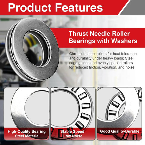 Heavy Duty Thrust Needle Roller Bearings With Washers, Two Sets, One Half Inch Bore, Fifteen Sixteenth Inch OD, heat resistant steel