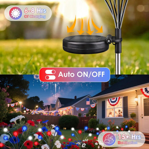 Solar Powered Patriotic American Flag Lights 4 Pack For Outdoor Garden Decor with auto on/off feature and red, white, blue lights
