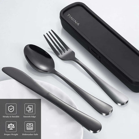 Grab And Go 4 Piece Stainless Steel Travel Utensils Set With Reinforced Buckle Case, Portable Cutlery For Camping Work Or School