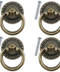 Antique Bronze Ring Drawer Pulls 4 Piece Set With Screws For Dressers Chests Vanity Cabinets Jewelry Boxes, shown with detailed design.