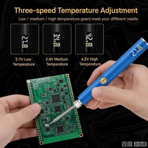 USB-C Rechargeable Soldering Iron Pen With LED Display And Smart Temperature Control, 510 Thread Tips in use on circuit board