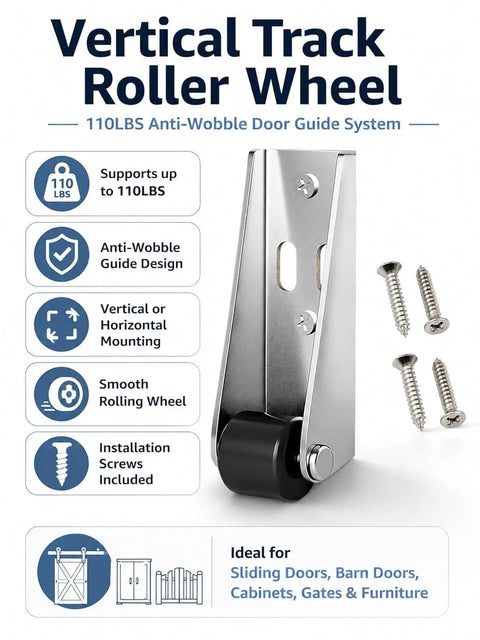 Rock Solid Vertical Track Roller Wheels With Thick Rubber Casters For Zero Sag Barn Doors And Ride Smooth Sliding Door Hardware Replacement Two Pack, 110LBS capacity.
