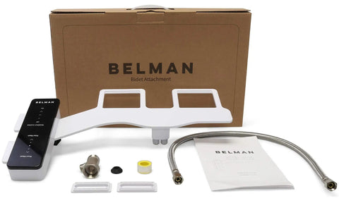 Slim Modern Bidet Toilet Attachment With Dual Self Cleaning Nozzles, Fresh Water Sprayer, Adjustable Water Pressure, Non Electric, Quick DIY Install in 15 Minutes, Black Finish, shown with installation kit and box.