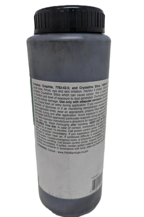 Back view of 1 lb bottle of Premium Graphite Powder Seed Flow Lubricant For High Speed Planters And Farm Machinery with label text