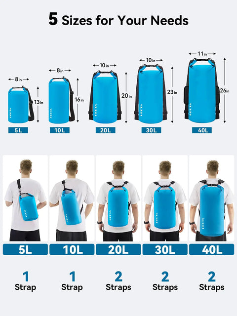 Waterproof Dry Bag Roll Top 5L Blue for Travel and Outdoor Adventures shown in size comparison with 10L, 20L, 30L, 40L options