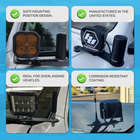 Top Tier Ham Antenna Ditch Bracket Extension Mount with safe mounting design, suitable for overlanding vehicles, made in USA.