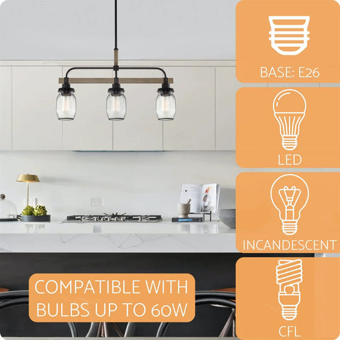 Stapleton 25 Inch 3 Light Modern Farmhouse Kitchen Island Light With Jar Glass Shades Smoked Birch Finish for Bright Modern Home Vibe and Easy Stylish Task Lighting