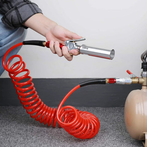 One Quarter Inch Polyurethane Recoil Air Hose Twenty Five Foot Long With Bend Restrictors connected to air tank