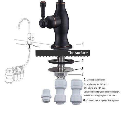 Top Shelf Stainless Steel Drinking Water Faucet For Under Sink Water Filter System Featuring Smooth Flow Non Air Gap RO Design oil rubbed bronze finish with installation components.