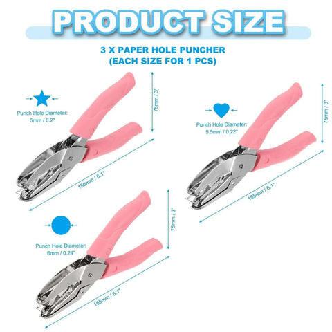 Three Piece Handheld Paper Hole Punch Set With Soft Grip Handles, 5mm, 5.5mm And 6mm Holes, Pink Silver Tone shown in different views